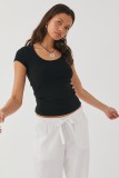 Solid Color U-neck Splicing Summer Knitted Short Sleeve T-shirt