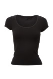 Solid Color U-neck Splicing Summer Knitted Short Sleeve T-shirt