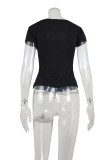 Solid Color U-neck Splicing Summer Knitted Short Sleeve T-shirt