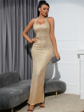 Gold Sexy Halter Sleeveless Solid Sequined Slit Evening Dress