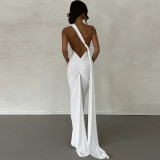 Sexy One Shoulder Backless Dress Halter Bodycon Ruched Open Back Maxi Dress