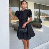 Solid Color O Neck Lantern Sleeve Ladies Pleated Dress