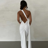 Sexy One Shoulder Backless Dress Halter Bodycon Ruched Open Back Maxi Dress