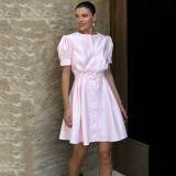 Solid Color O Neck Lantern Sleeve Ladies Pleated Dress