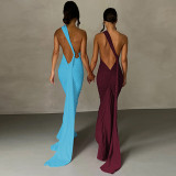 Sexy One Shoulder Backless Dress Halter Bodycon Ruched Open Back Maxi Dress