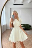 Solid Color O Neck Lantern Sleeve Ladies Pleated Dress