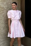 Solid Color O Neck Lantern Sleeve Ladies Pleated Dress