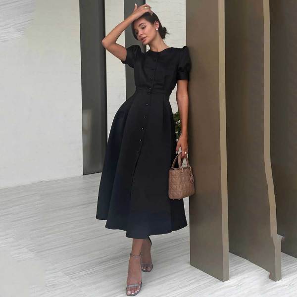 Casual Solid Buttons O Neck Short Sleeve Dress