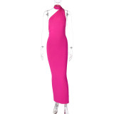 Sexy One Shoulder Backless Dress Halter Bodycon Ruched Open Back Maxi Dress