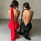 Sexy One Shoulder Backless Dress Halter Bodycon Ruched Open Back Maxi Dress