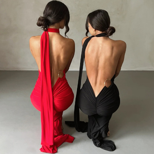 Sexy One Shoulder Backless Dress Halter Bodycon Ruched Open Back Maxi Dress