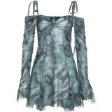 Sexy Off Shoulder Bell Bottom Sleeve Print Strap Dress