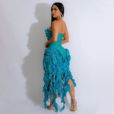 Strapless Solid Color Dress Sexy Irregular Tassel High-Slit Dress