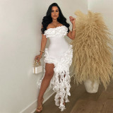 Strapless Solid Color Dress Sexy Irregular Tassel High-Slit Dress