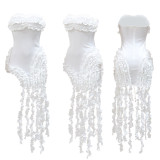 Strapless Solid Color Dress Sexy Irregular Tassel High-Slit Dress