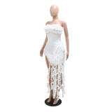 Strapless Solid Color Dress Sexy Irregular Tassel High-Slit Dress