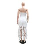 Strapless Solid Color Dress Sexy Irregular Tassel High-Slit Dress