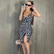 Fashion V-neck Straps Drawstring Slit Pleated Dress