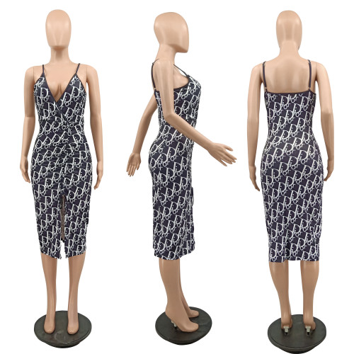 Fashion V-neck Straps Drawstring Slit Pleated Dress