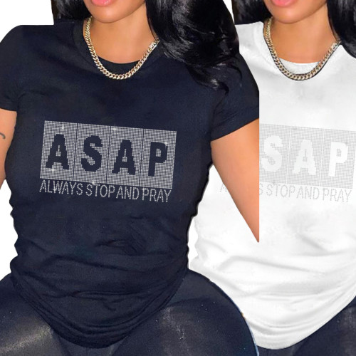 Casual Round Neck Women's Clothing Hot Drilling Short Sleeve  T-shirt