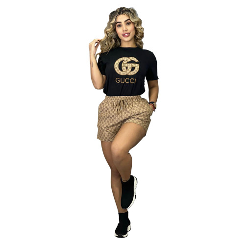 Summer New Embroidery Printed Short Sleeve Shorts Sportswear 2 Piece