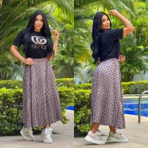 Casual Printed Short Sleeve Top & Loose Long Pleated Skirt