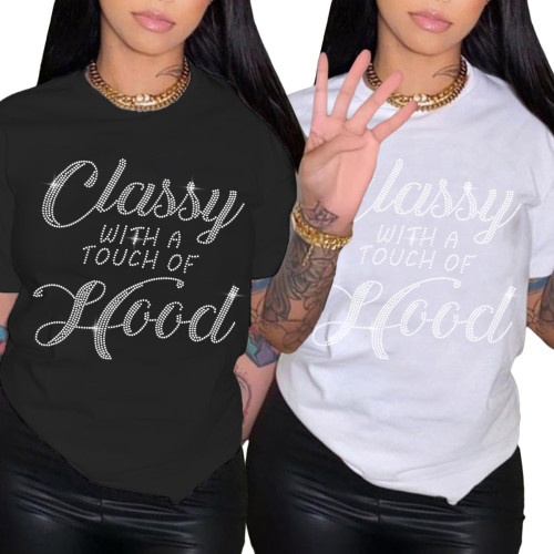 Casual Round Neck Women's Clothing Hot Drilling Short Sleeve  T-shirt