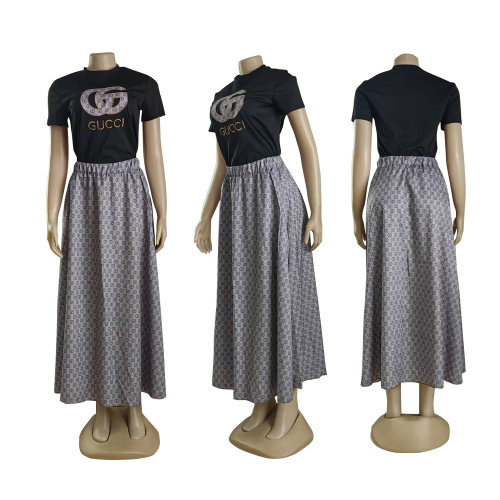 Casual Printed Short Sleeve Top & Loose Long Pleated Skirt