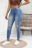 Women's Autumn Elastic High Waist Washed Ripped Tight Denim Pants