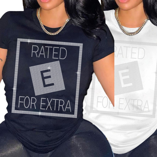 Casual O Neck Women's Clothing Hot Drilling Short Sleeve Tops