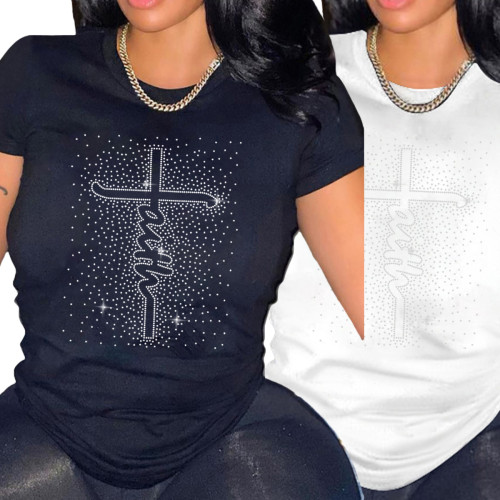 Casual Round Neck Women's Clothing Hot Drilling Short Sleeve Tees