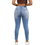 Women's Autumn Elastic High Waist Washed Ripped Tight Denim Pants