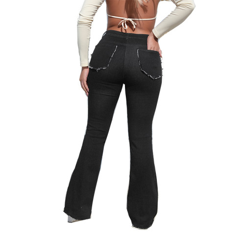 Fashion Patchwork High Waist Tight Hip Horn Women's Denim Trousers