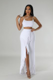 Hollow Solid Color Straps Crop Top & Fringed Slit Long Skirt