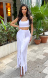 Hollow Solid Color Straps Crop Top & Fringed Slit Long Skirt