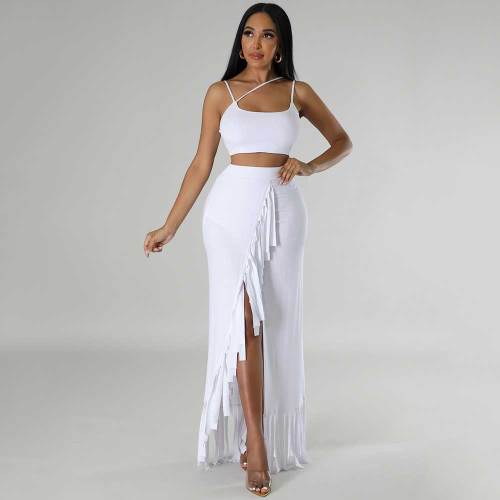 Hollow Solid Color Straps Crop Top & Fringed Slit Long Skirt