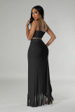 Hollow Solid Color Straps Crop Top & Fringed Slit Long Skirt
