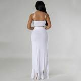 Hollow Solid Color Straps Crop Top & Fringed Slit Long Skirt
