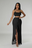 Hollow Solid Color Straps Crop Top & Fringed Slit Long Skirt