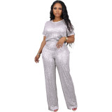 Womens Sparkly Sequin Outfits 2 Piece Tracksuit Glitter Straight Pants Set