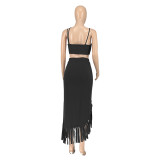 Hollow Solid Color Straps Crop Top & Fringed Slit Long Skirt