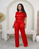 Womens Sparkly Sequin Outfits 2 Piece Tracksuit Glitter Straight Pants Set