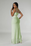 Hollow Solid Color Straps Crop Top & Fringed Slit Long Skirt