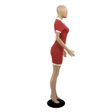 2024 Lapel Patchwork Zipper Pit Short Sleeve Mini Bodycon Dress
