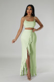 Hollow Solid Color Straps Crop Top & Fringed Slit Long Skirt