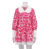 Long Sleeved High-waisted Printed A-line Dress With Ddoll Collar and Fluffy Skirt