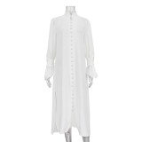 Solid Color Long Sleeve Stand Collar Design Sense Shirt Dress Women French Casual Split Long Dress