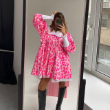 Long Sleeved High-waisted Printed A-line Dress With Ddoll Collar and Fluffy Skirt