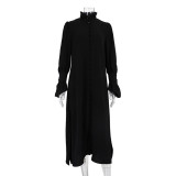 Solid Color Long Sleeve Stand Collar Design Sense Shirt Dress Women French Casual Split Long Dress