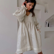 Cotton and Linen Elegant V-neck Lantern Sleeves Loose Fit Dress